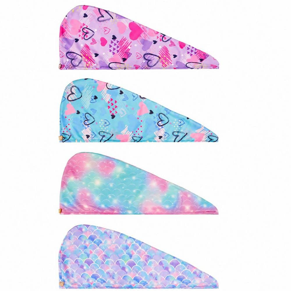 LAIFUCAM Pink Pattern Hair Towel Wrap 4 Pack Bath Accessory Super Absorbent Microfiber Fast Drying Turban for Wet Hair