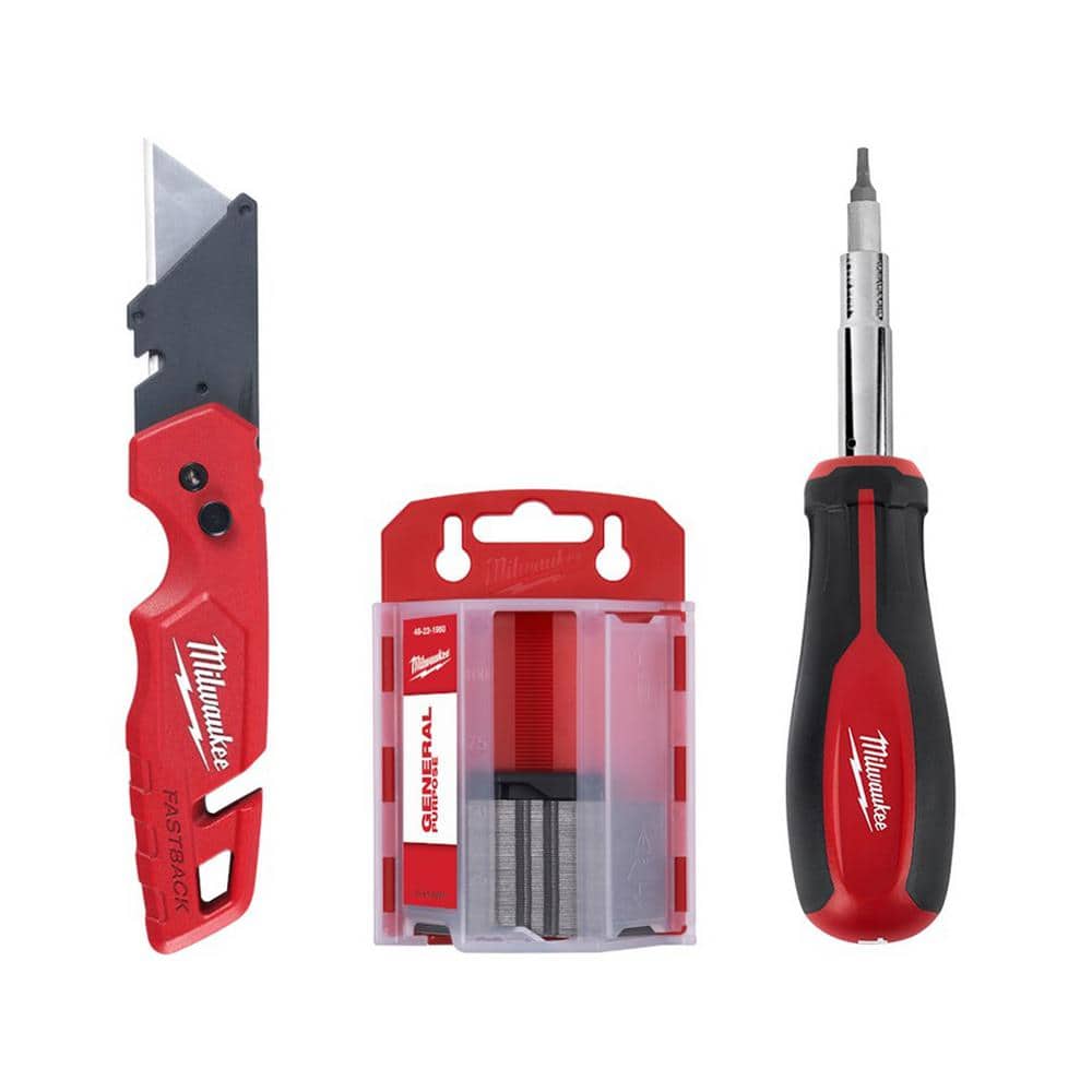 Milwaukee FASTBACK Folding Utility Knife with Blade Storage and General Purpose Utility Blade Set w/11-in-1 Screwdriver