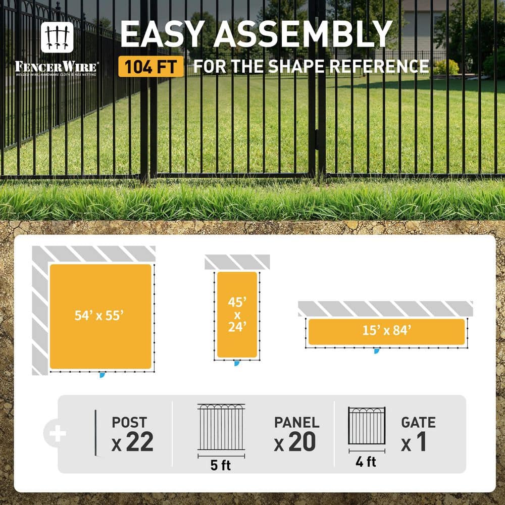 Fencer Wire 5 ft. x 5 ft. Black Steel Arc Flat Top Metal Fence Panel Kit with Arc Flat Top Fence Gate (Set of 104 ft. ) (2)