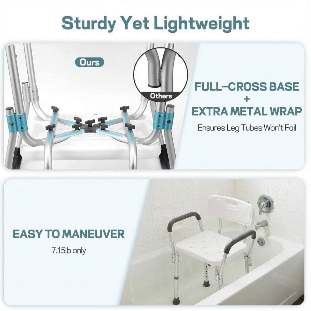 Wudkey Aluminum Shower Chair in White with Backrest and Padded Armrest, Height Adjustable Shower Bench Shower Seat for Elderly (3)