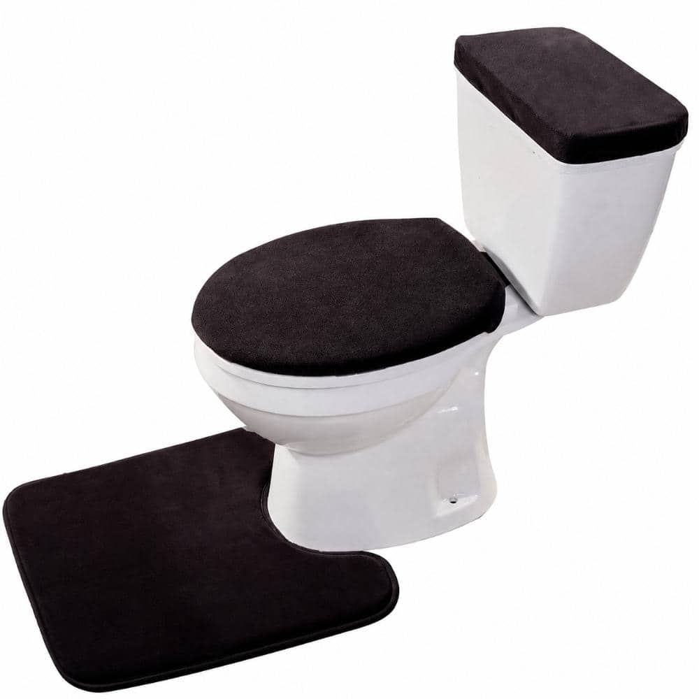 Unbranded 3-Piece Velvet Memory Foam Toilet Contour Mat Set with Tank Cover and Toilet Lid Cover in Black