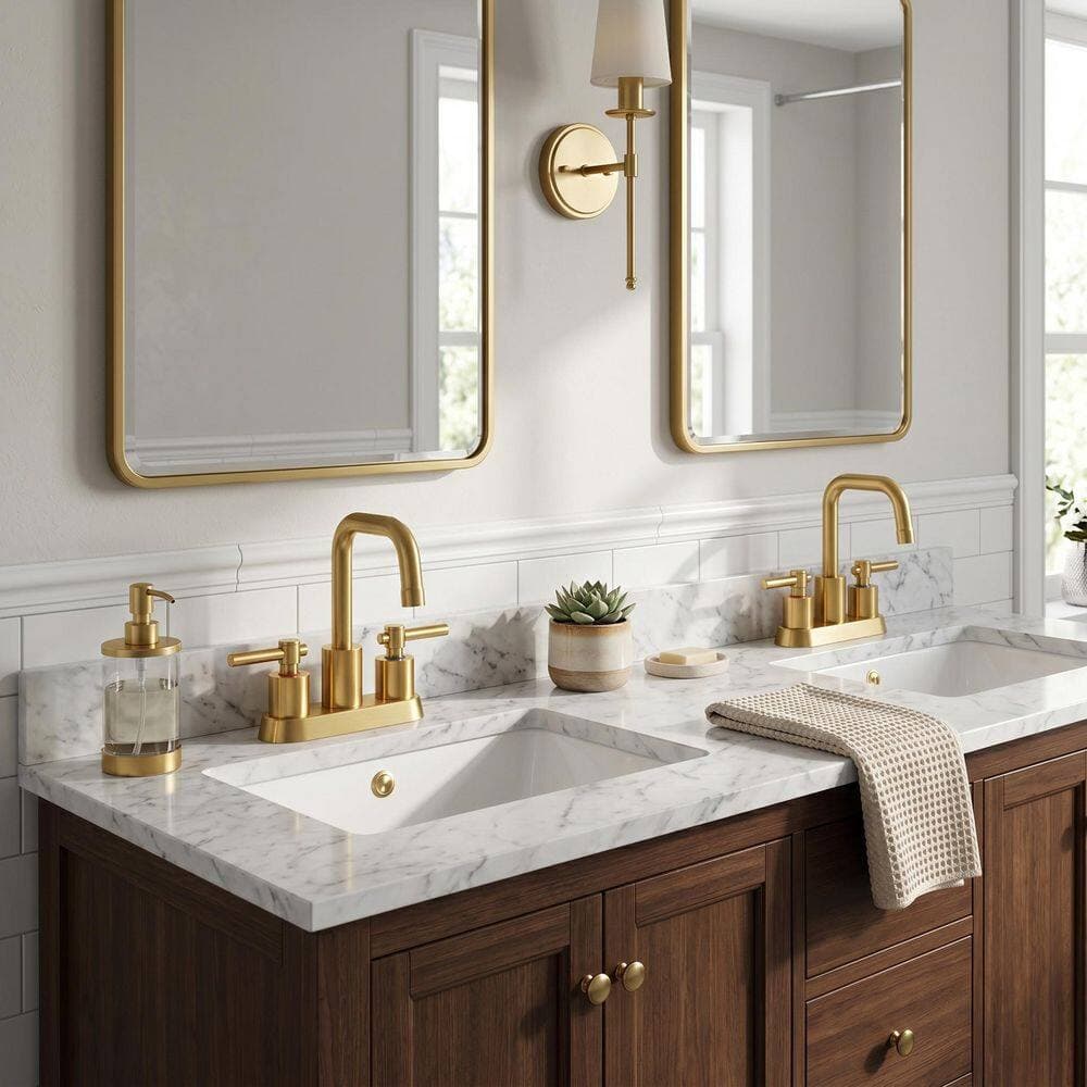 WOWOW 4 in. Centerset Double Handle High Arc Bathroom Faucet with Drain Kit Included in Brushed Gold (2)