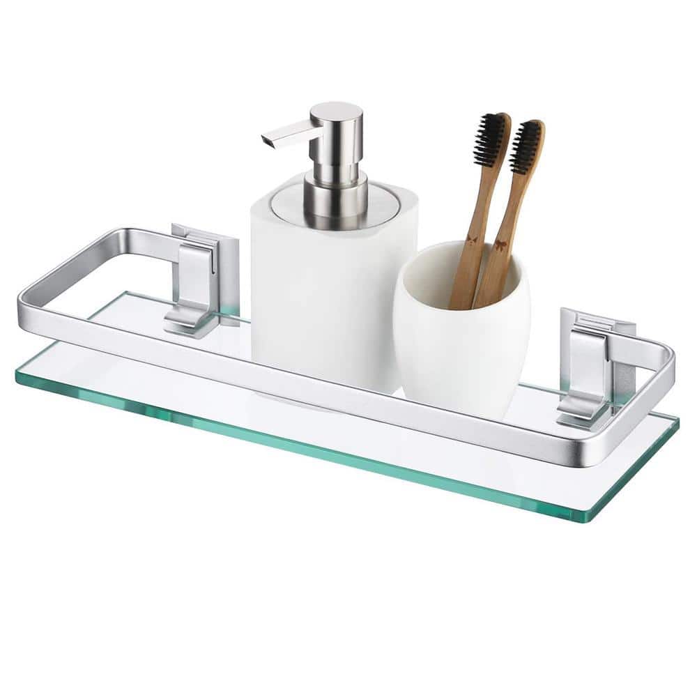 ACEHOOM 14 in. W x 5 in. D x 2 in. H Silvet Wall Mount Bathroom Shelf Glass Floating