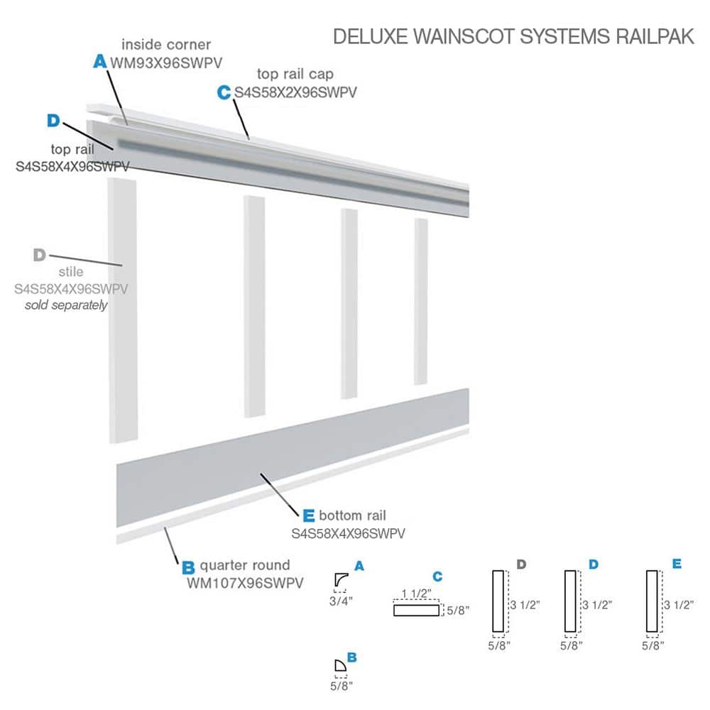 Ekena Millwork 5/8 in. X 96 in. X 3-1/2 in. Expanded Cellular PVC Deluxe Wainscot Moulding System (2)
