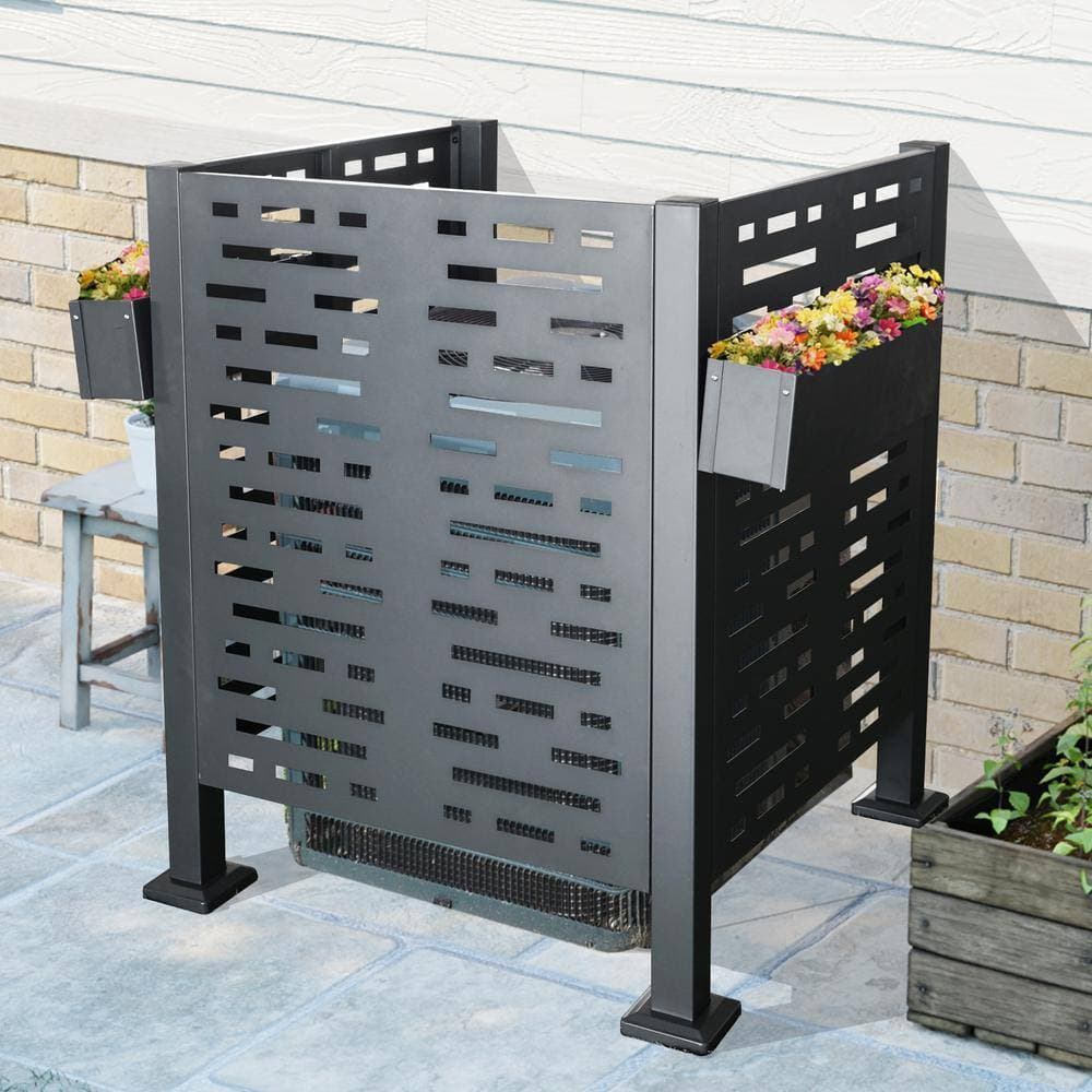 Tenleaf 3 x 3 ft. Black Metal Air Conditioner Fence for Outdoor Units, Privacy 3-Fence Panels to Conceal Air Conditioning Units (2)