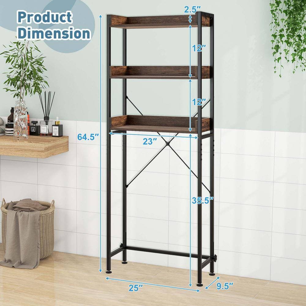 Costway 25 in. W x 64.5 in. H x 9.5 in. Metal Rectangular Shelf 3-Tier Over-The-Toilet Space Saver Rack in Brown (3)