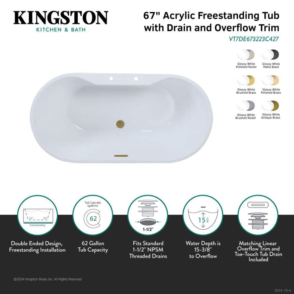Kingston Brass Aqua Eden 67 in. x 31.5 in. Acrylic Flatbottom Soaking Freestanding Bathtub in Glossy White/Brushed Brass with Drain (2)