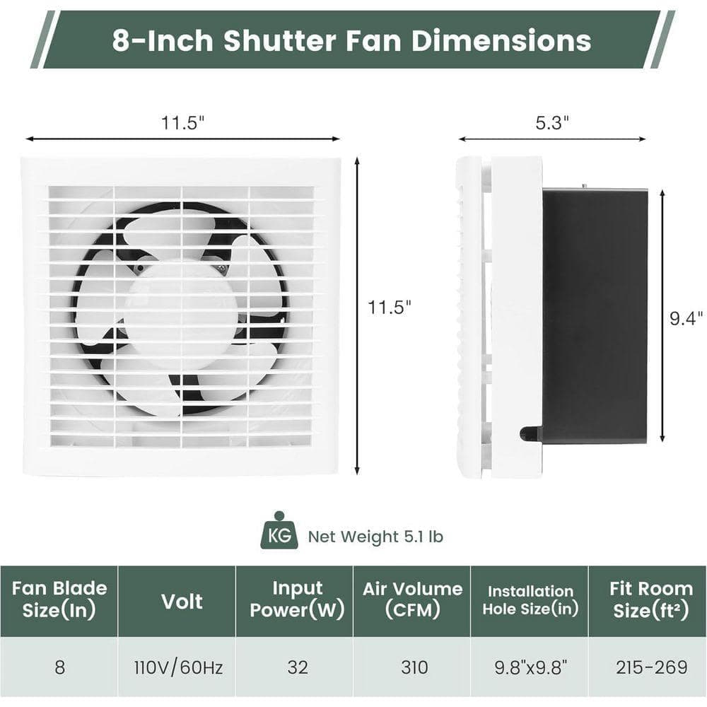 KIWDZFU 8-in. 310CFM Shutter Exhaust Fan for Window or Wall Mount in Attic, Greenhouse, Garage (3)