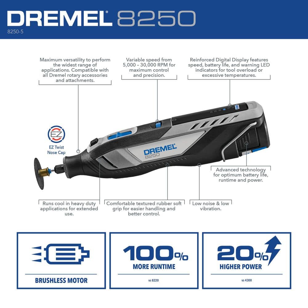 Dremel 8250 12V Lithium-Ion Cordless Brushless Rotary Tool Kit with 5 Accessories and a Carrying Case (4)