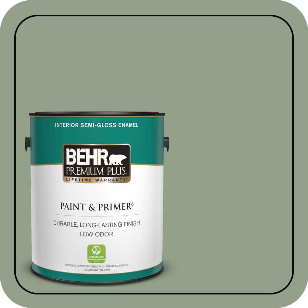 BEHR PREMIUM PLUS 1 gal. #440F-4 Athenian Green Semi-Gloss Enamel Low Odor Interior Paint & Primer