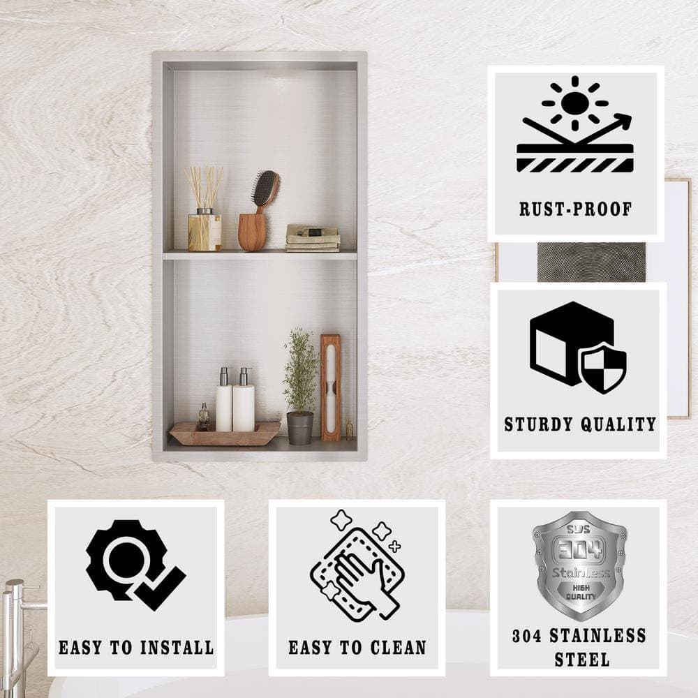 Hpeytaire 25 in. W x 13 in. H x 4 in. D Double Shelf Bathroom Recessed Shower Niche in Brushed Nickel (3)