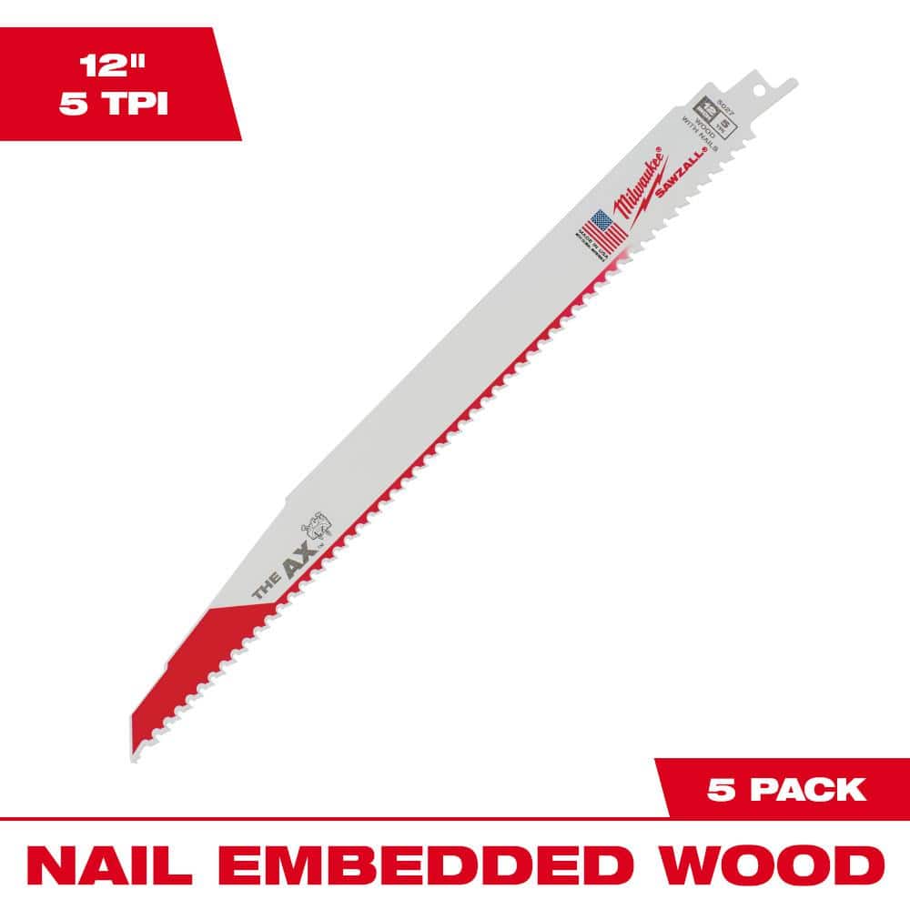 Milwaukee 12 in. 5 Teeth per in. AX Nail Embedded Wood Cutting SAWZALL Reciprocating Saw Blades (5-Pack) (1)