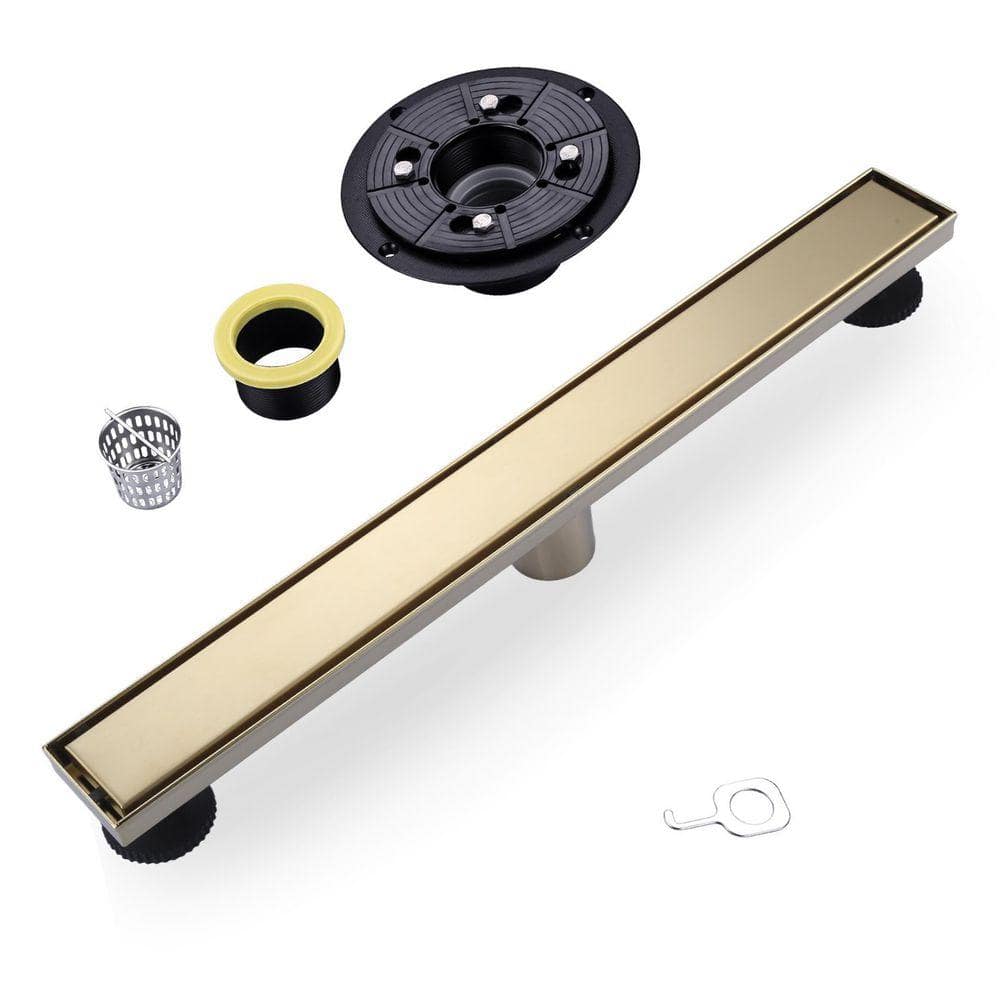 VEVETTA 24 in. Stainless Steel Tangular Linear Shower Drain with Tile-in Cover in Brushed Gold (1)