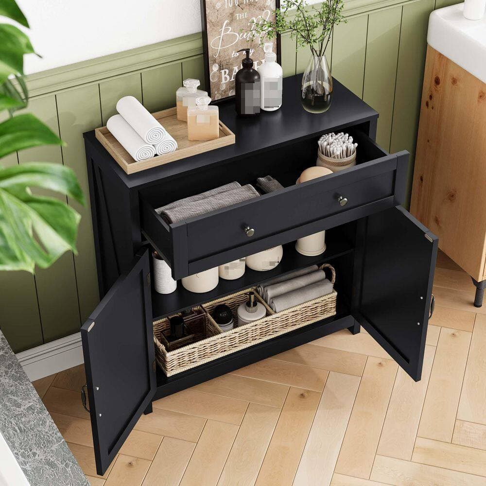 Lycvki 30 in. W x 12 in. D x 32.5 in. H Black Wood Linen Cabinet with Walnut Countertop, Drawer and 2 Doors for Bathroom (3)