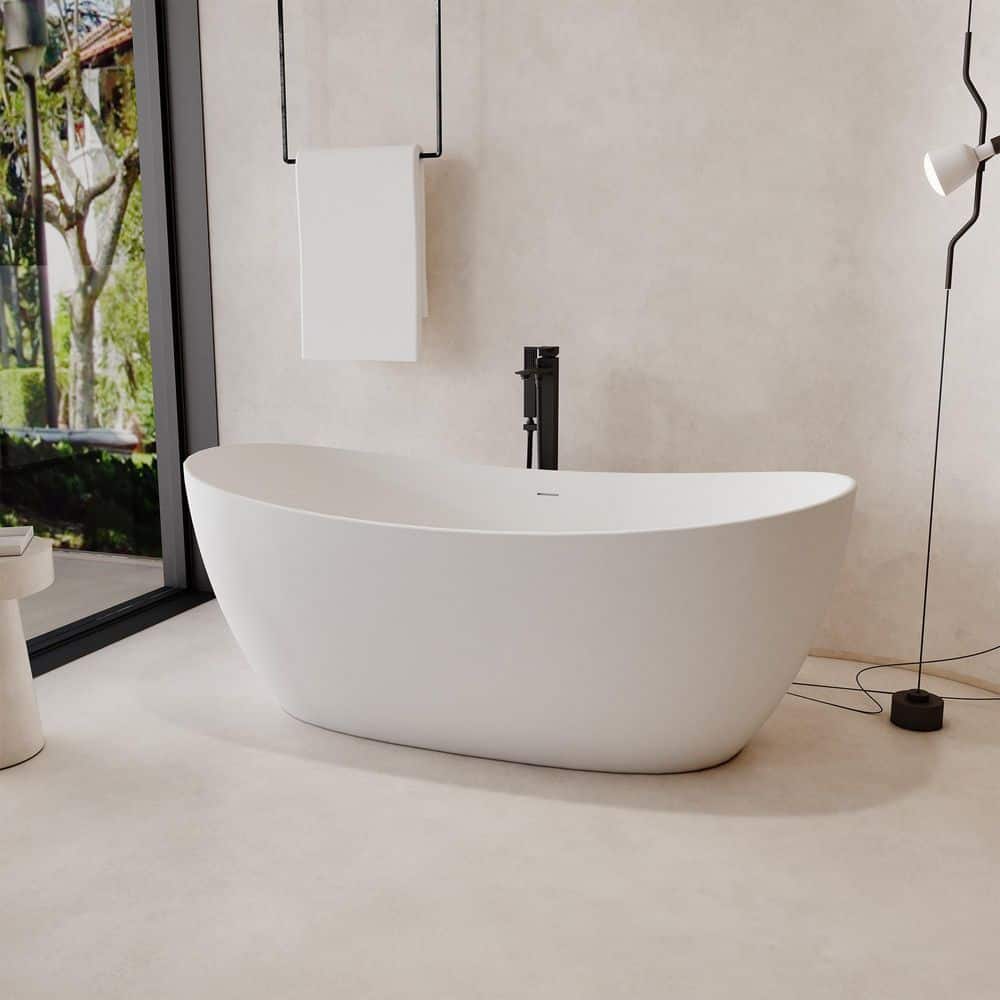 CASAINC 63 in. x 30 in. Freestanding Stone Resin Solid Surface Soaking Bathtub in Matte White, Double Slipper (1)