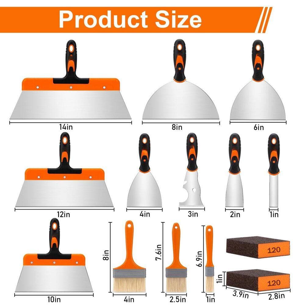 Laybus 14Pcs Stainless Steel Paint Scraper Tools, Drywall Knife Set for Removing Wallpaper, Repairing Drywall, Applying Putty (2)