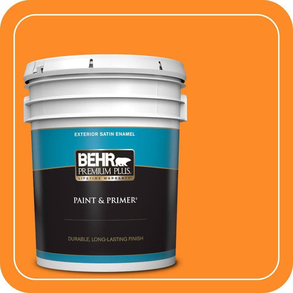 BEHR PREMIUM PLUS 5 gal. #S-G-280 Mango Madness Satin Enamel Exterior Paint & Primer