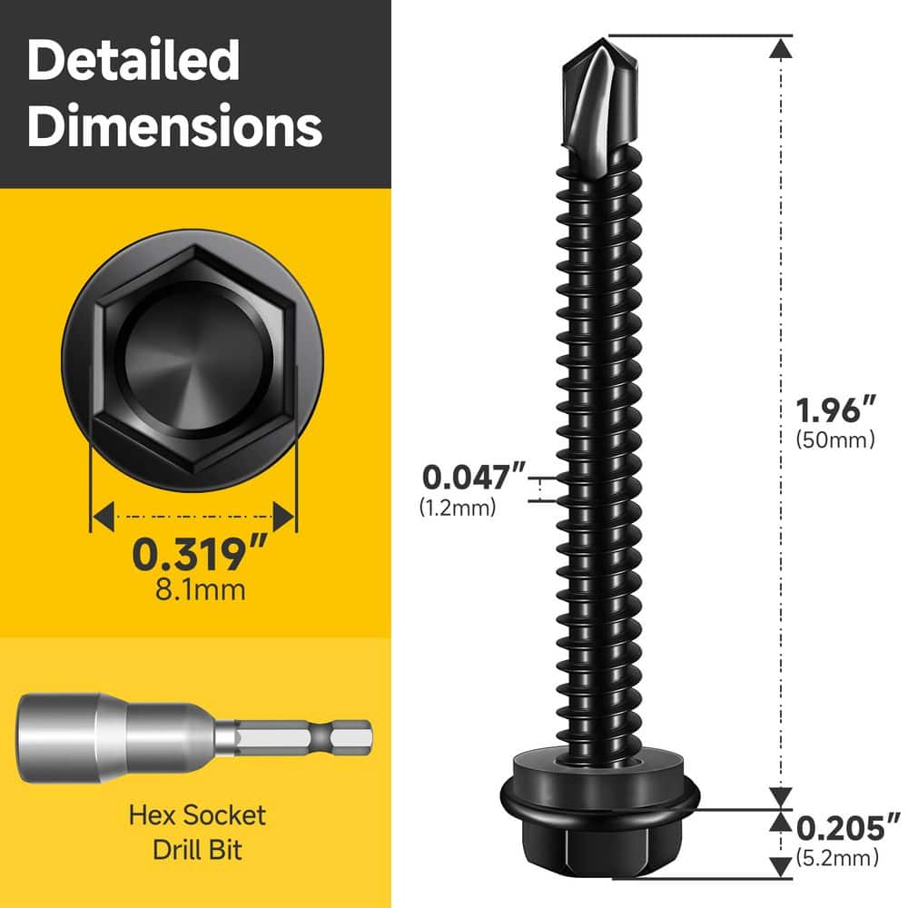 MYWISH #12 x 2 in. Black Oxide 410-Stainless Steel Hex Washer Head Self Drilling Sheet Metal Screws (50-Pack) (2)