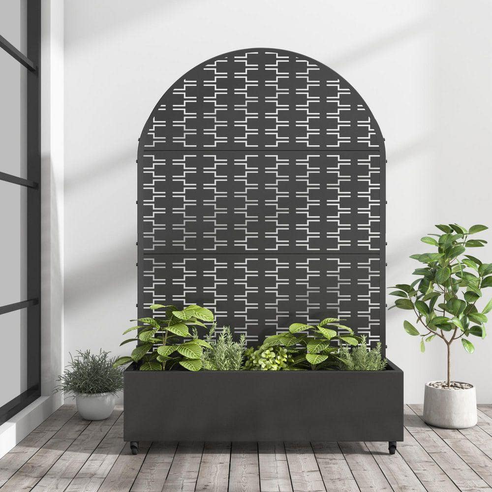 Lirago 72 in. x 47 in. Arch Black Outdoor Metal Privacy Screen Raised Planter Box Wall Decor