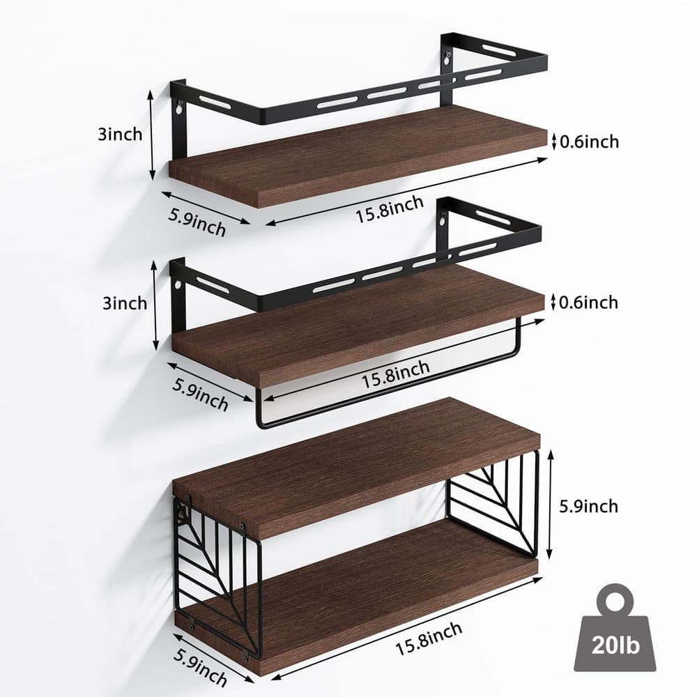 Wudkey 3-Piece 15.8 in. x 3 in. x 5.9 in. Wood Rectangular Bathroom Shelf in Dark Brown with Towel Bar, Floating Shelves (3)