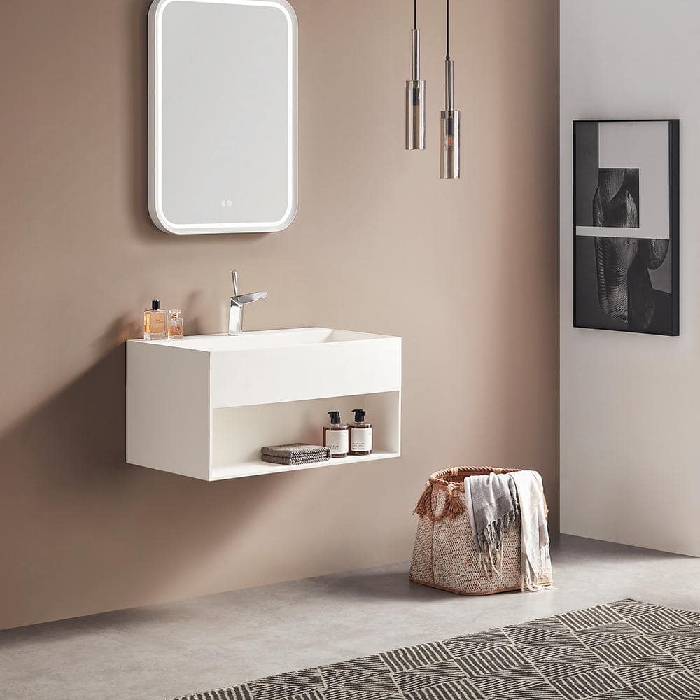 SERENE VALLEY 24 in. Wall-Mount Bathroom Solid Surface Vanity with Storage Space in Matte White (2)