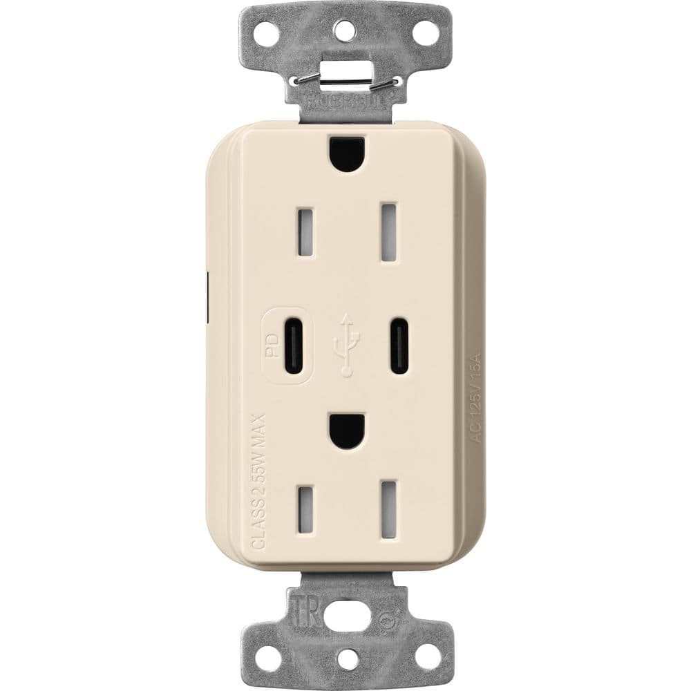 Lutron Claro 15 Amp Tamper Resistant USB Type C Duplex Receptacle, Decorator Style Outlet, Gloss Finish, CAR-15-CCTR-LA, Beige (1)