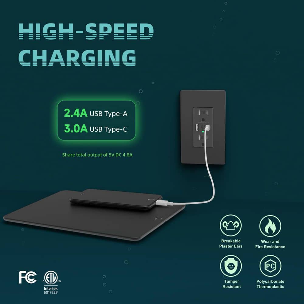 BIBIVIS Black 4.8A USB Wall Receptacle with Type A & Type C Ports, Duplex 15 Amp Tamper Resistant Electrical Outlet (2)