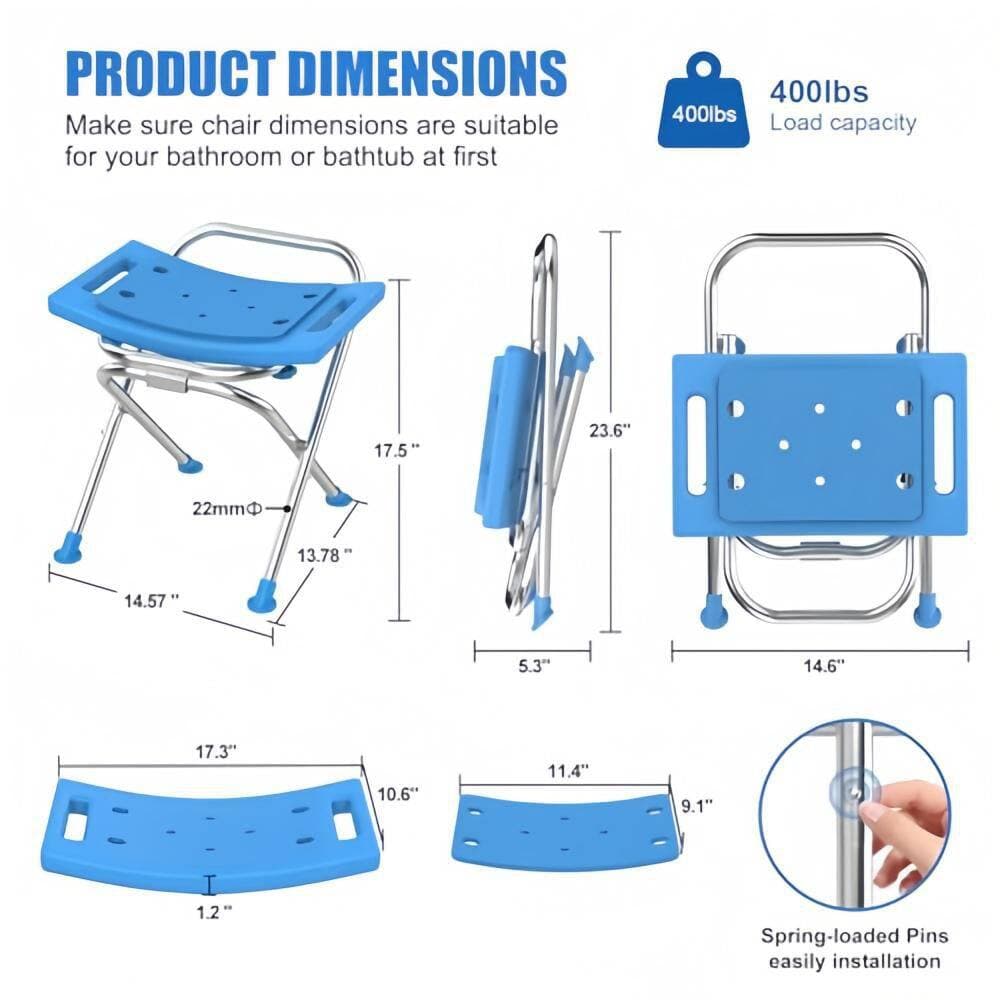 Numhew 17.5 in. Stainless Steel Folding Shower Chair with Pad for Inside Shower, Safety Anti-Slip Bath Chair for Seniors, Blue (2)