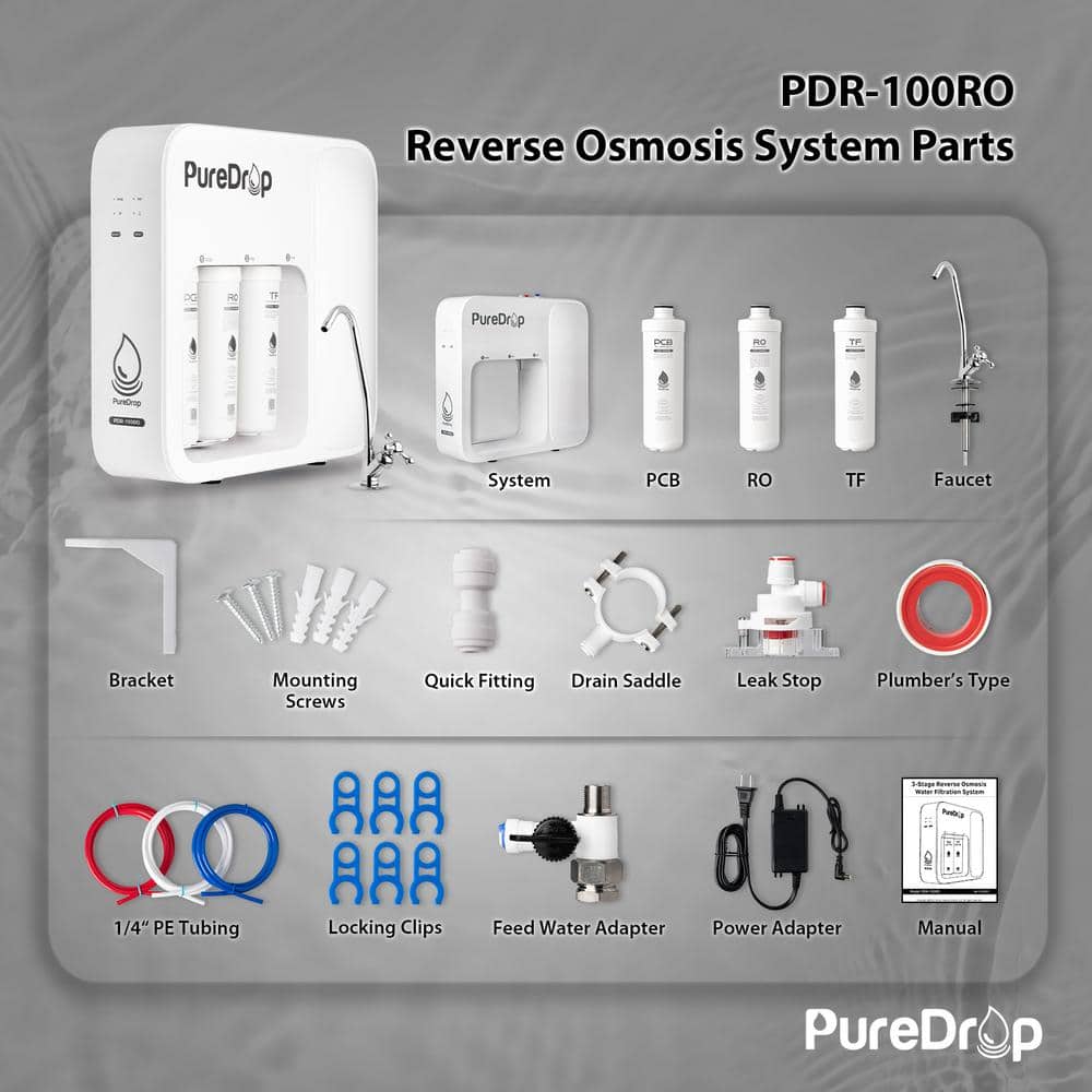 PureDrop PDR-100RO Under Sink 3-Stage Reverse Osmosis Drinking Water Filtration System, High Capacity 100 GPD Fast Flow, Tankless (2)
