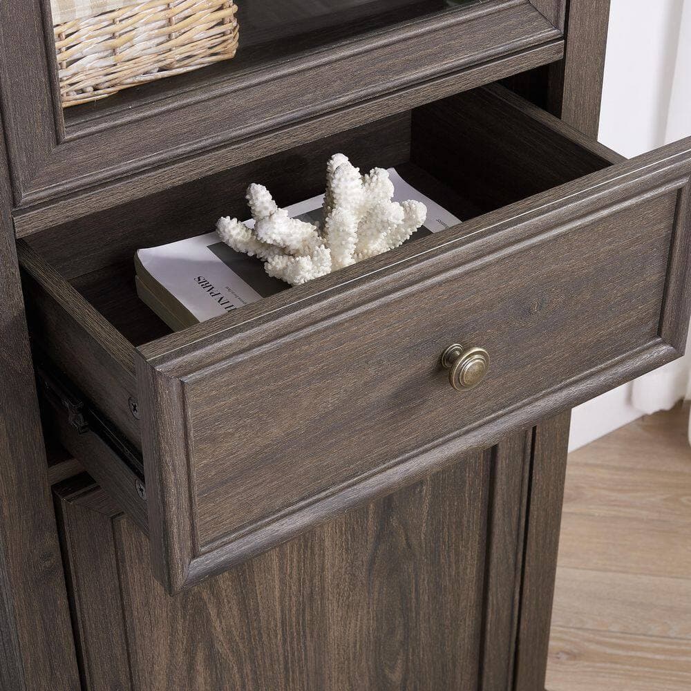 Unbranded 23.62 in. W x 15.35 in. D x 64.96 in. H Brown Linen Cabinet with 2-Doors and 2-Drawers for Bathroom, Kitchen (3)