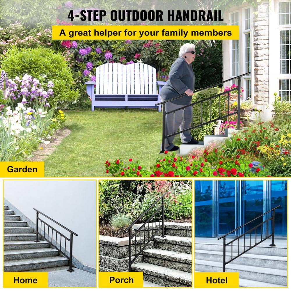 VEVOR 33 in. H x 68 in. W Black Wrought Iron Stair Railing Kit Outdoor Stair Railing Fits for 4 to 5 Steps Adjustable Handrail (3)