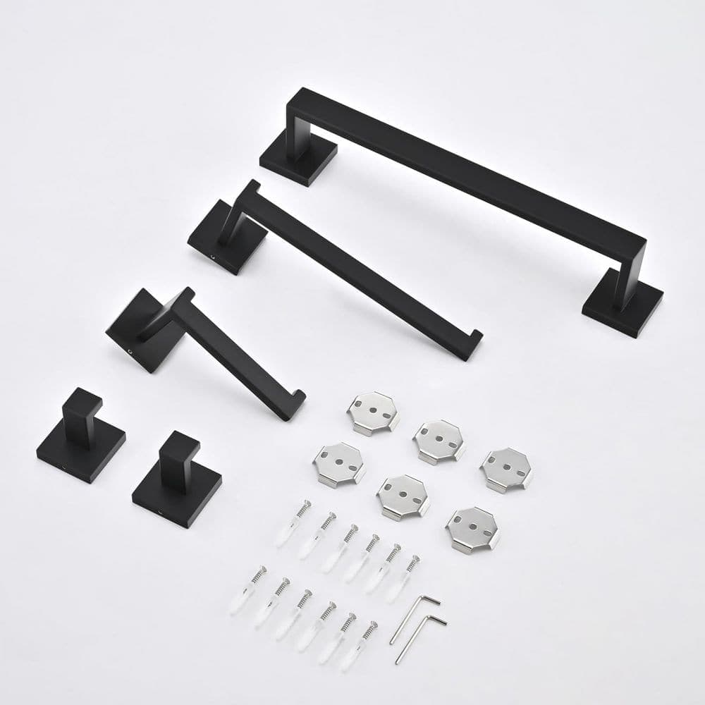 LAIFUCAM 5-Piece Bathroom Hardware Set with Towel Bar, Hand Towel Holder, Toilet Paper Holder, Robe Hooks in Matte Black (2)
