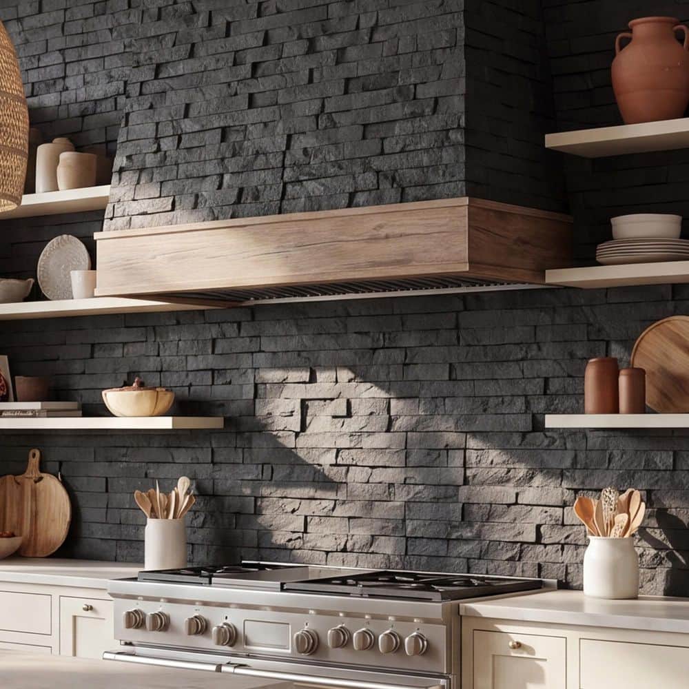 FUFU&GAGA Modern 23.6 in. W x 47.2 in. L Space Deep Black Faux Stone Siding Fire Resistant Stacked Stone Panel 2-Pack Lightweight (2)