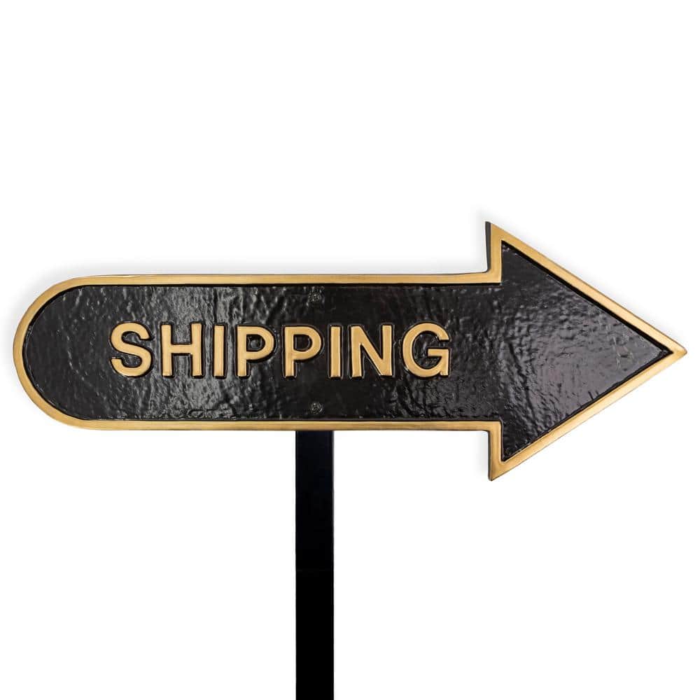 Montague Metal Products 6 in. x 15.5 in. Right Arrow Shipping Statement Plaque Sign with Lawn Stake-Black/Gold