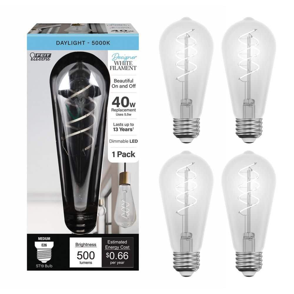 Feit Electric 40W Equiv. ST19 Dimmable Double Spiral White Filament Clear Straight Tapered E26 Edison LED Light Bulb Daylight (4-Pack)