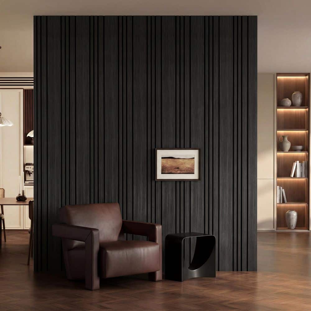 Mlfortlife Black 0.7 in. x 1.97 ft. x 1.97 ft. Staggered Wood Slat Acoustic Decorative Wall Paneling (8 Piece/31 sq. ft. ) (3)