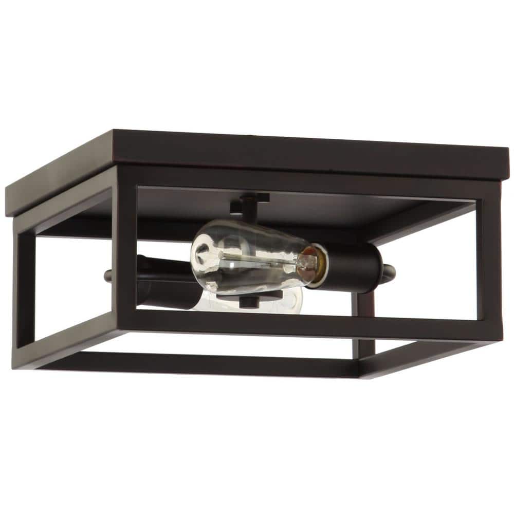Hampton Bay Boswell Quarter 12-1/2 in. 2-Light Black Industrial Open Cage Flush Mount Ceiling Light (3)