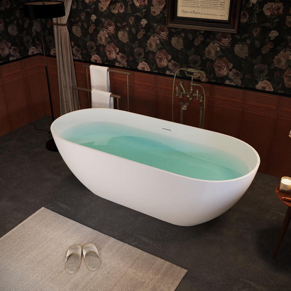 NTQ 59 in. x 2.5 in. Solid Surface Soaking Bathtub with Center Drain Free Standing Flat Bottom Contemporary Bathtub in White (1)
