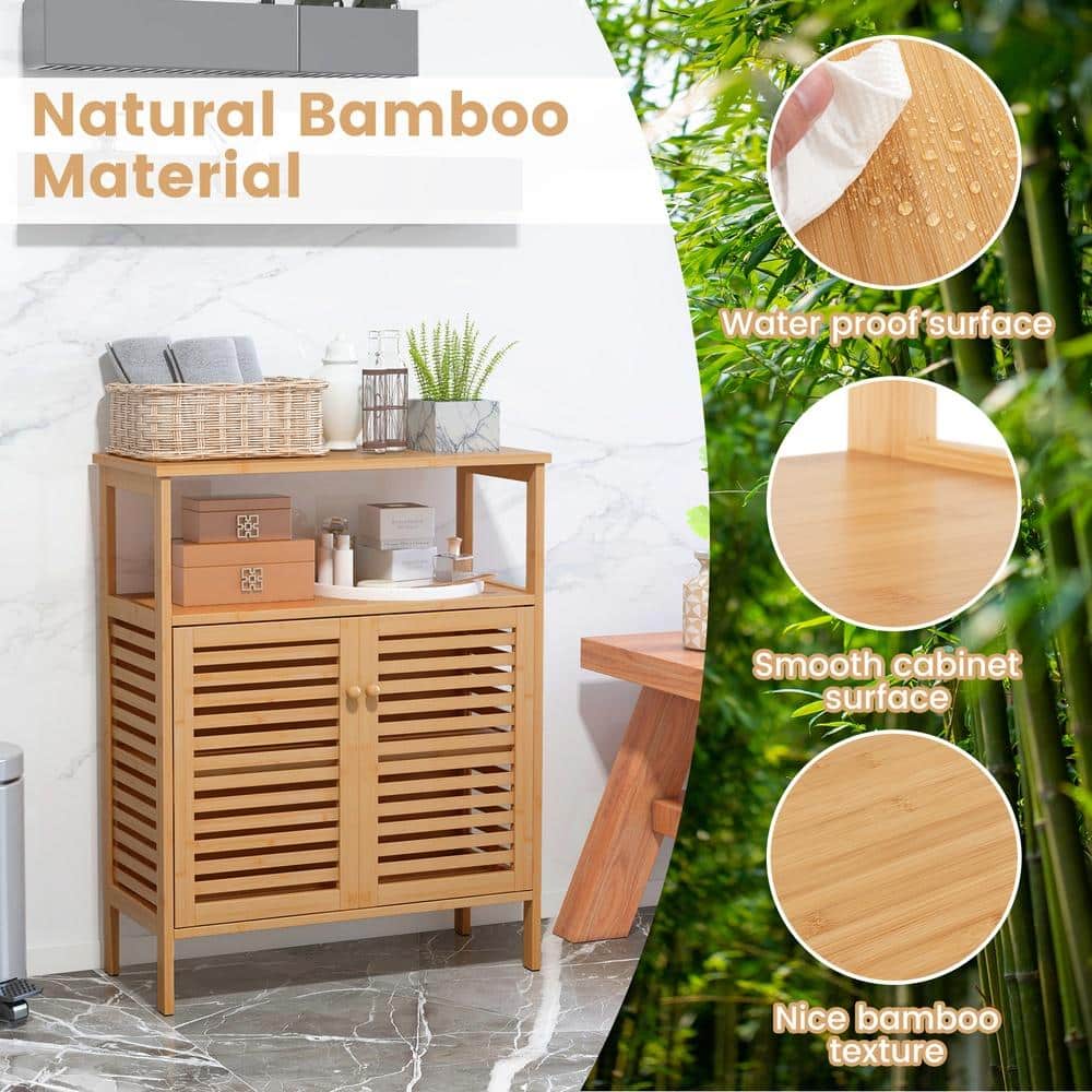 HONGGE Bamboo Bathroom Floor Cabinet with 2-Tier Open Shelves Shutter Doors Magnetic Catch and Non-Slip Pads (2)
