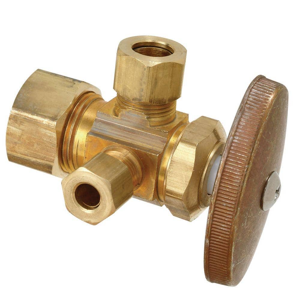 BrassCraft 1/2 in. Nom Comp Inlet x 3/8 in. O.D. Comp x 1/4 in. O.D. Comp Left Side Dual Outlet Multi-Turn Rough Brass Valve (1)