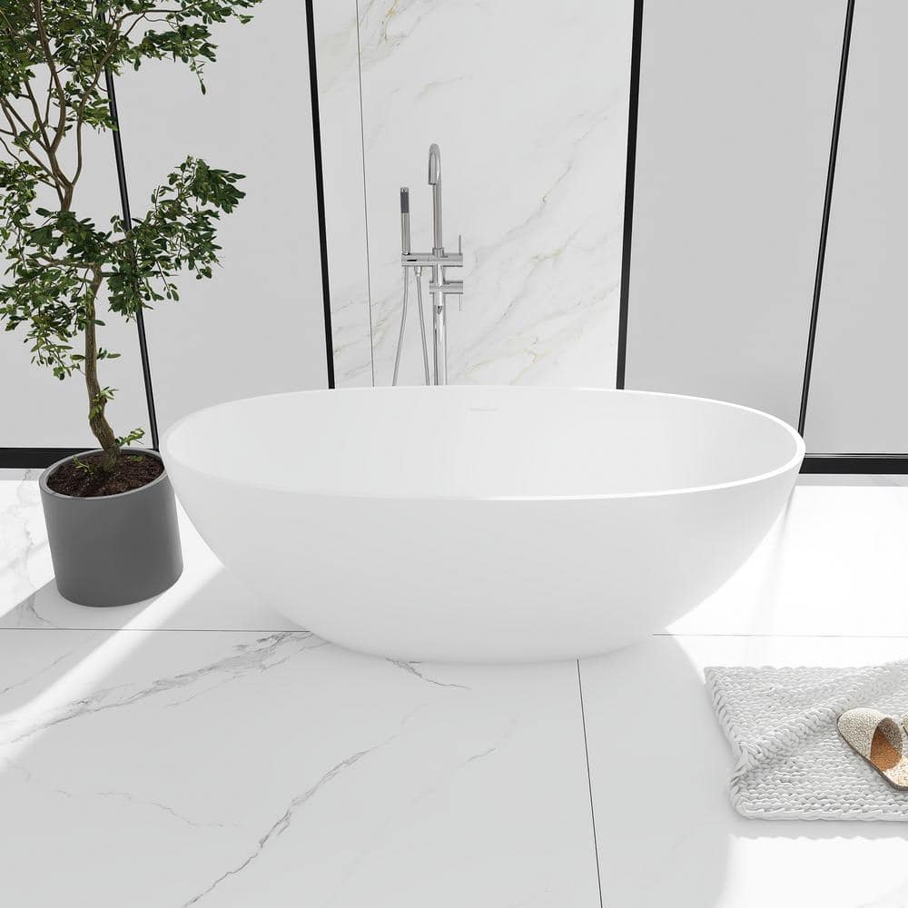 JimsMaison 65 in. Solid Surface Freestanding Flatbottom Soaking Bathtub in Matte White with Drain (1)