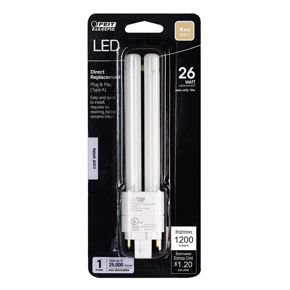 Feit Electric 26-Watt Equivalent PL QuadTube CFLNI 4-Pin Plugin G24Q-3 Base CFL Replacement LED Light Bulb, Cool White 4100K (1-Pack) (3)