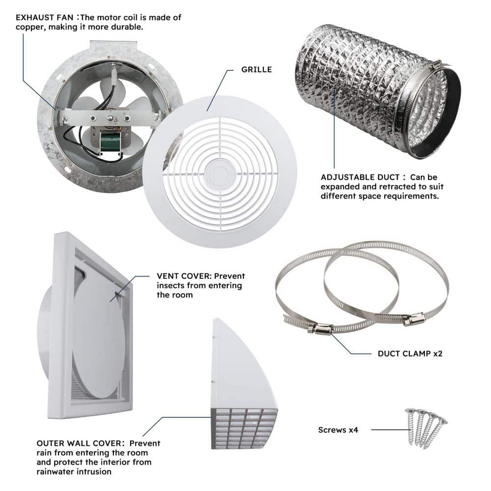 Wudkey 1-Piece Bathroom Accessory Set in White, 6 in. Through Wall Exhaust Fan, 80 CFM 4.0 Sones, Retractable Duct (3)