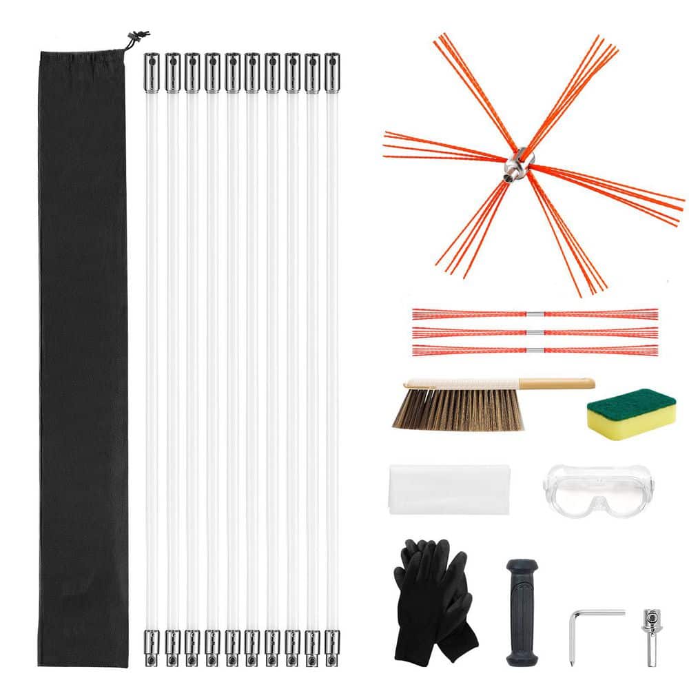 SKYSHALO Chimney Sweep Kit, 14-Piece 90° Cleaning Tool, 33 ft. Maximum Length, Cleaning Kit with Bristle Replacements & Goggles (1)