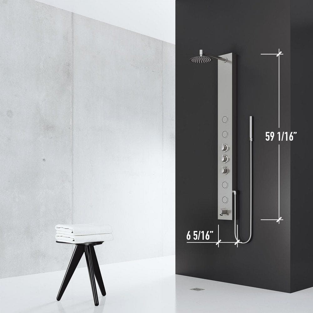 VIGO Bowery 59 in. H x 6 in. W 4-Jet Shower Panel System with Round Head, Tub Filler and Hand Shower Wand in Stainless Steel (3)