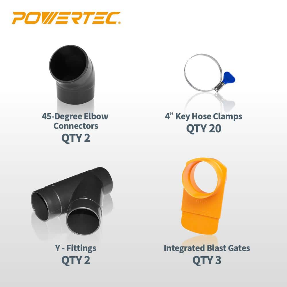 POWERTEC 4 in. Dust Collection Fittings Kit w/Connectors, Blast Gates and Hose Clamps for Dust Collector Systems (3)