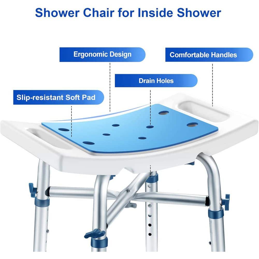 Anqtovp Shower Chair 17.3 in. W Freestanding Non-Slip Padded Seat, Drain Holes Bath Stool in Blue (2)
