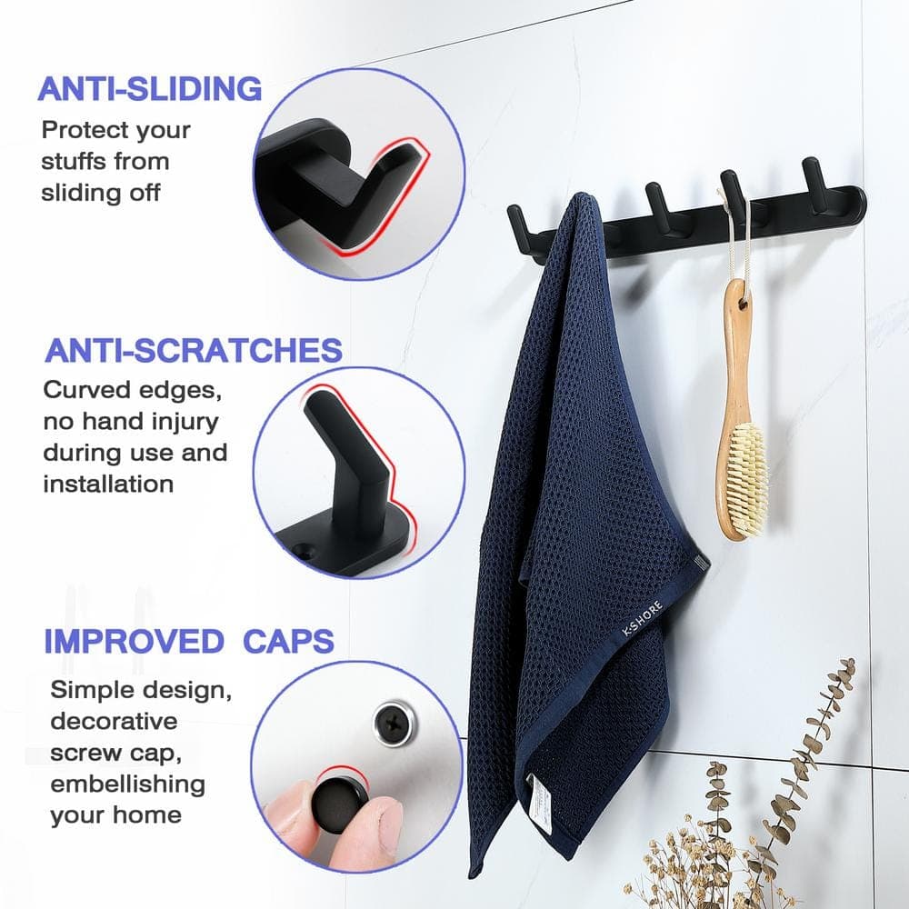 ruiling Wall Mounted 5-in-1 J-Hook Robe/Towel Hook Stainless Steel Hook Rack in Matte Black (2)
