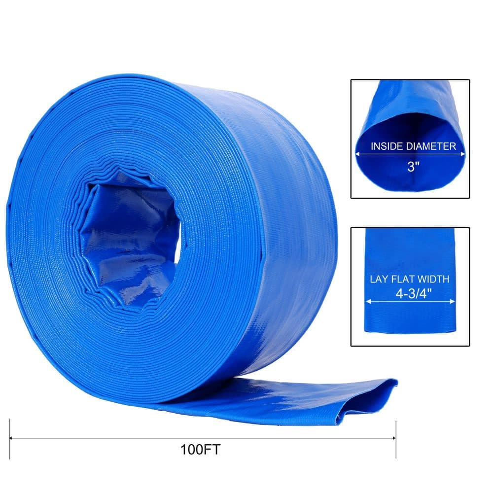 cadeninc Backwash Hose 3 in. x 100 ft. Heavy Duty Blue PVC Lay Flat Water Discharge Pump Hose with 2 Clamp for Pool Filter Pump (2)