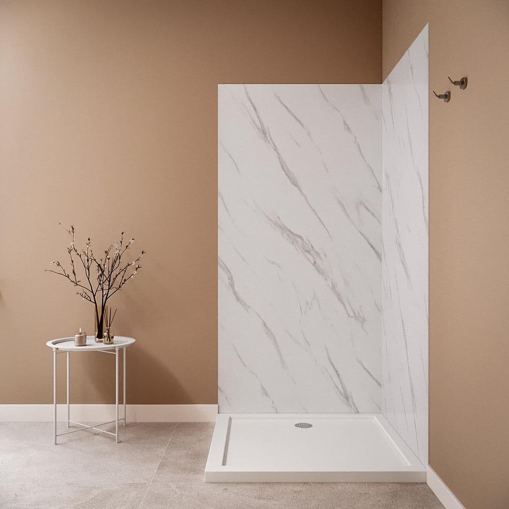 Streamline DSH-1720-190 36 in. L x 36 in. W x 76 in. H 2-Piece Glue-Up Corner Shower Surround in White Marble Finish (2)